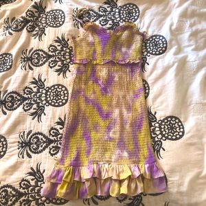 Tie dye shirred mini dress with ruffle details
